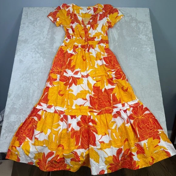 Cynthia Rowley Womens Cotton Tiered Floral Kaftan Maxi Dress S Orange Red